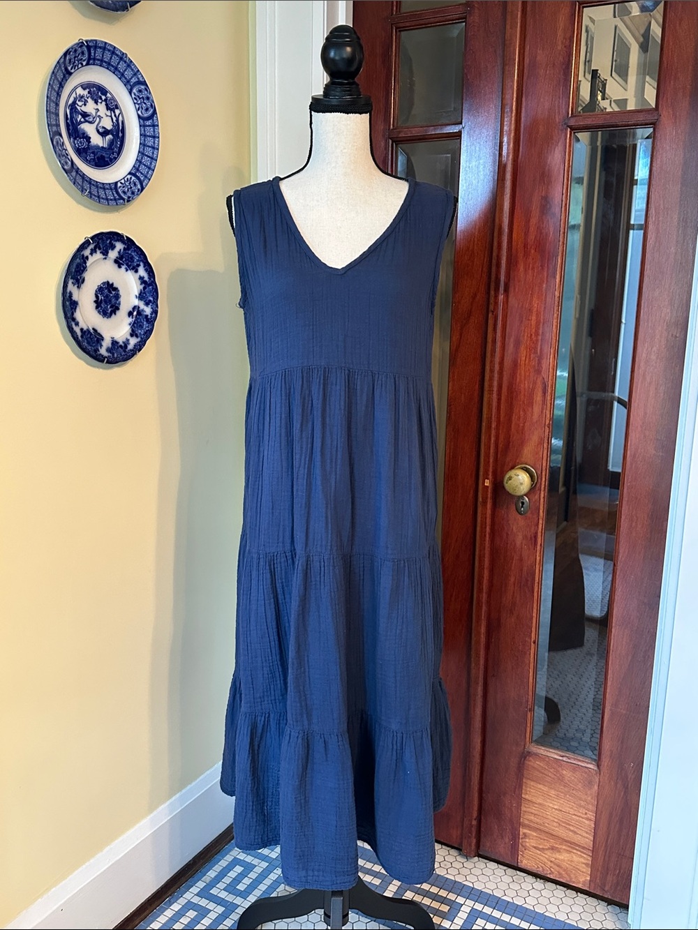 Kings Road | Cotton Gauze Tiered Maxi Dress in Indigo Navy Blue